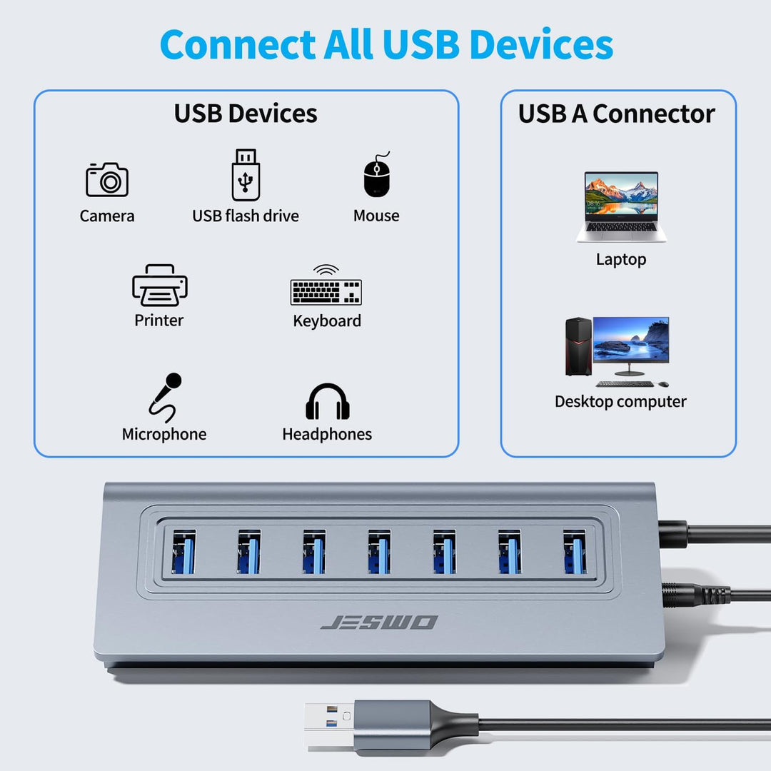 JESWO USB HUB mit Netzteil, Aluminium USB 3.0 Hub Aktiv mit 7-Port USB Verteiler 3.0 mit 5V/4A Netzt