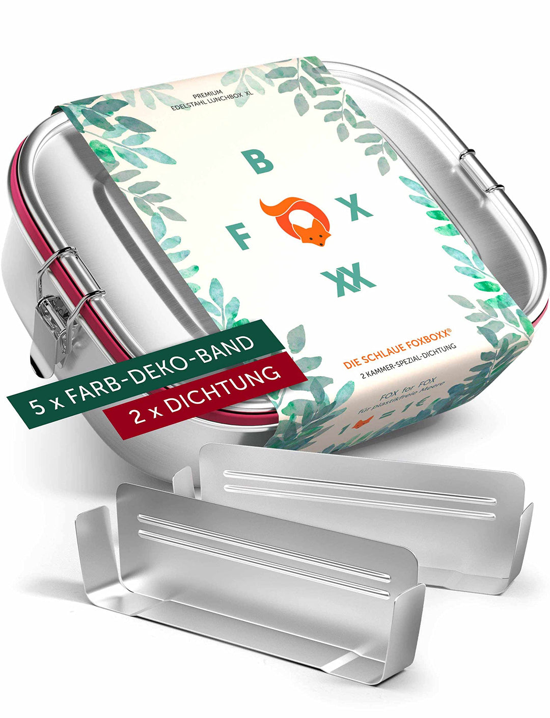 FOXBOXX Brotdose Edelstahl Premium | XL 1400ml | 2 Trenner | DualCham Dichtung & Smart Clips | Ausla