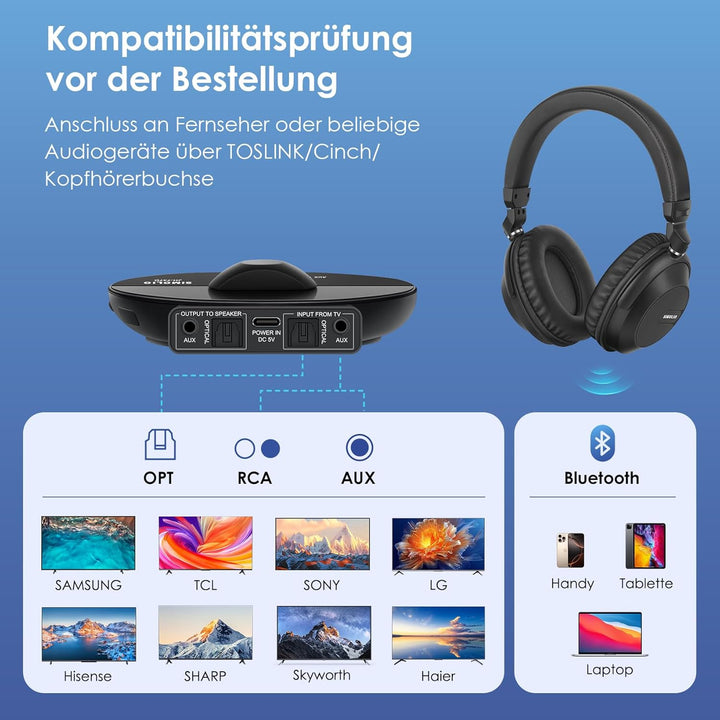 SIMOLIO Bluetooth TV Funkkopfhörer mit klarem & lautem Klang – Kabellose Kopfhörer & Sender für Grup