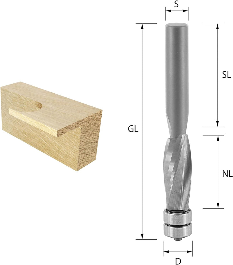 ENT 13490 Bündigfräser Premium HSS-Ausführung Spiralgenutet VHW (VHM), Schaft (C) 8 mm, Durchmesser