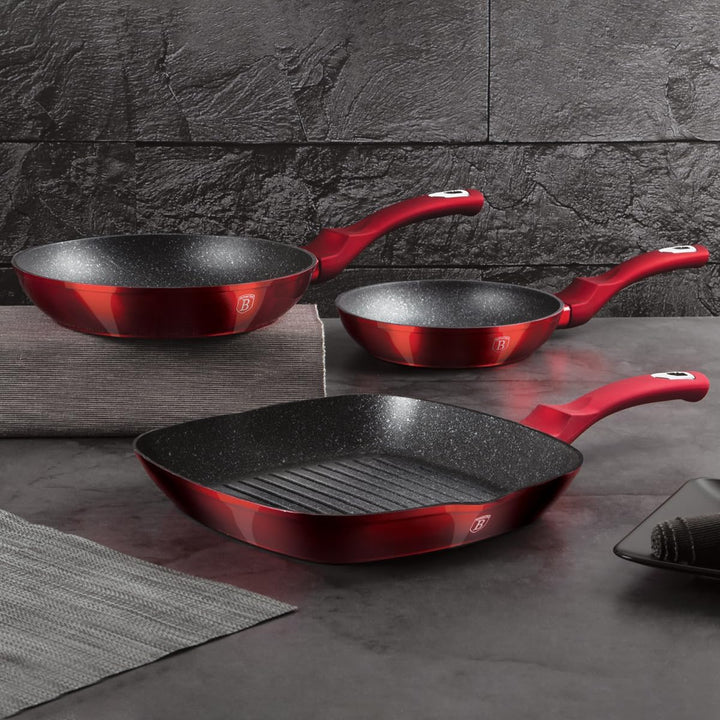 BerlingerHaus Haus Burgundy Set 2 Bratpfannen 1 Grillpfanne Induktion 20-24-28cm, Aluminium, Antihaf