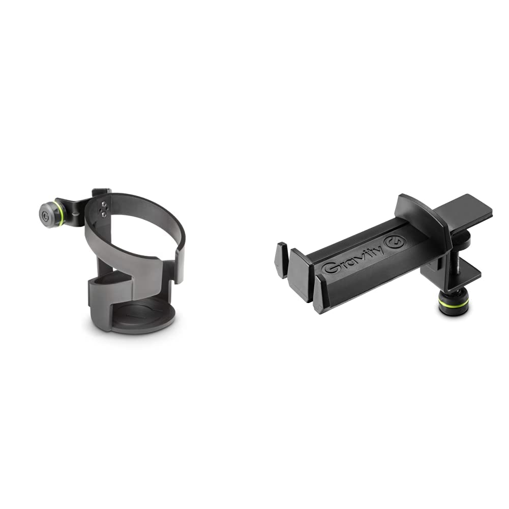 Gravity GMADRINKM Getränkehalter für Mikrofonstative Schwarz & GHPHTC01B Kopfhörerhalter für Tischmo