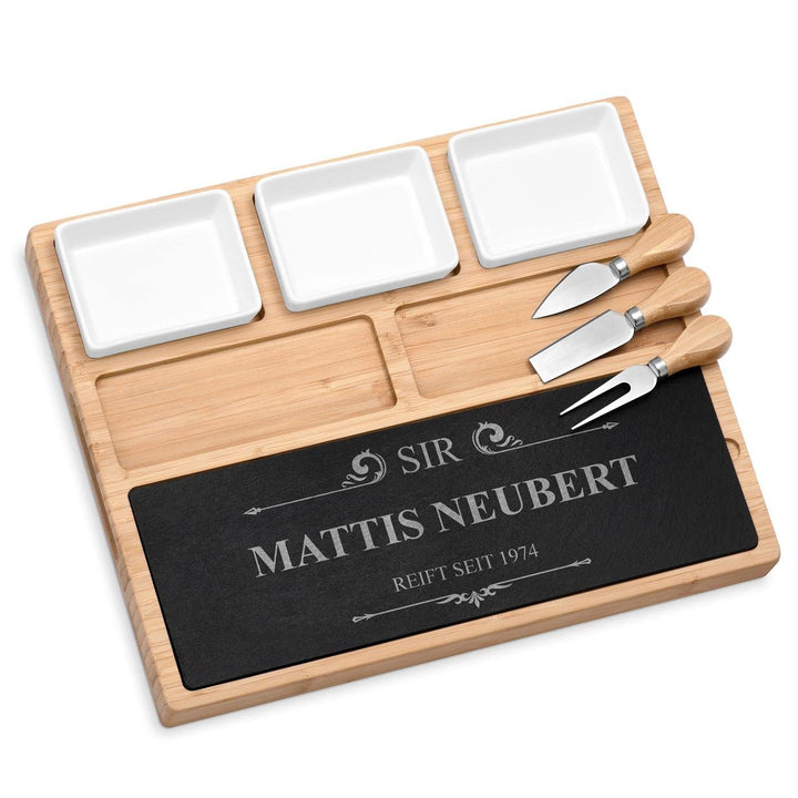 Maverton Servierplatte mit Gravur - Käsebrett mit personalisierter Steinplatte + 3 Keramikschalen -