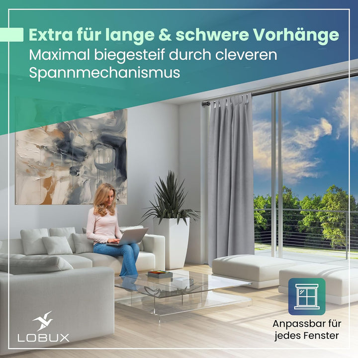 LOBUX® - Gardinenstange ohne bohren [schwarz, 210-300cm] – Teleskopstange Vorhang ausziehbar – Dusch