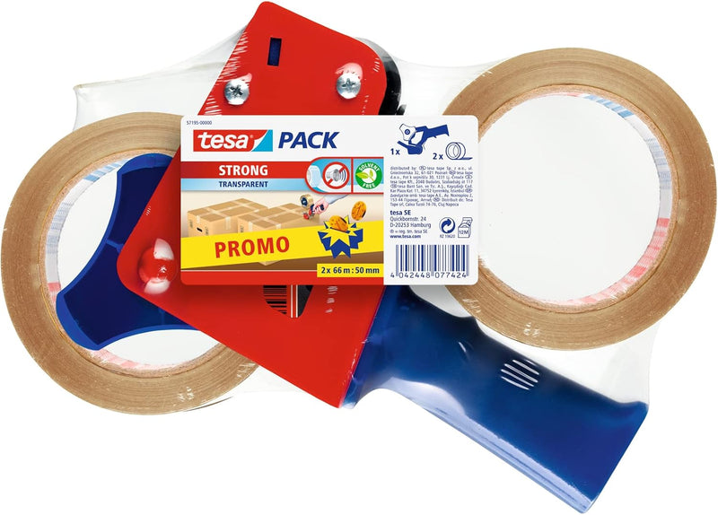 tesa Paketband-Abroller und tesapack Paketbänder im Set - Transparent - 66m x 50mm & Easy Cut SMART