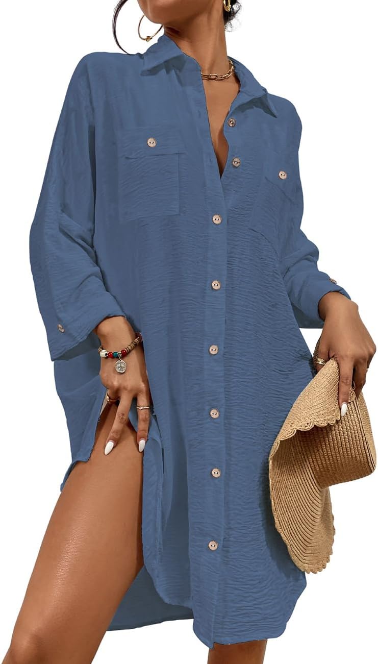 Bsubseach Badeanzug Coverups für Frauen Button Down Strand Shirt Kleid Badeanzug Cover Up Resort Wea