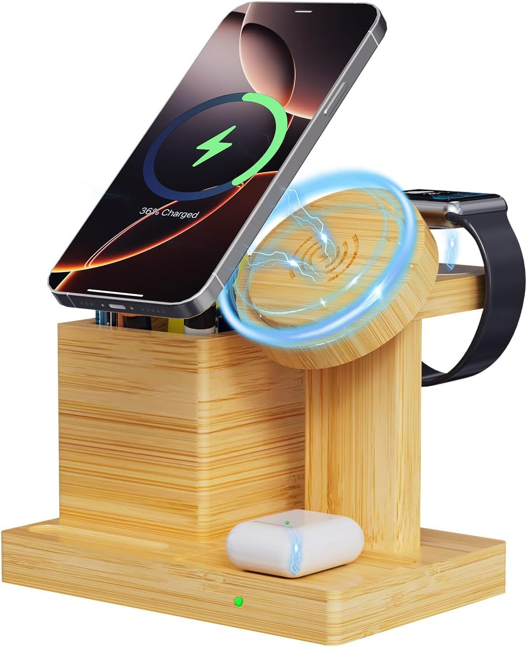 Drahtloser Ladeständer für Mag-Safe - 4 in 1 drahtlose Ladestation mit Stifthalter, Bambus-Schnellla