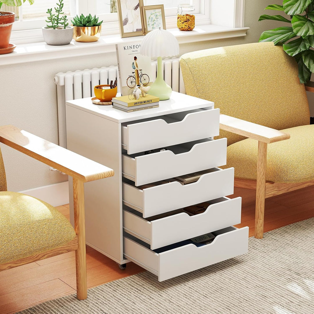 GIANTEX Rollcontainer mit 5 Schubladen, Aktenschrank mit Rollen, Schubladenschrank Holz, Druckertisc