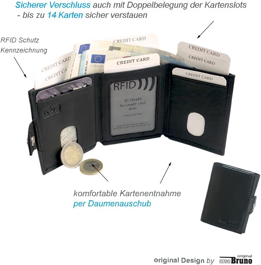 Minigeldbörse Herren schwarz Leder RFID Schutz, kleine Herren Mini Geldbörse, Mini-Geldbeutel Karten