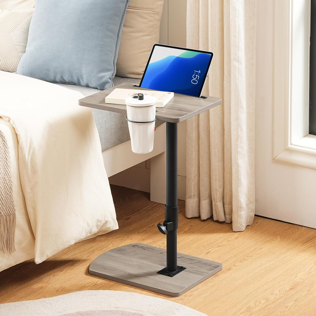 HOOBRO C-Form Beistelltisch Höhenverstellbar von 45,5-78 cm, 360° drehbarer Sofatisch mit Getränkeha