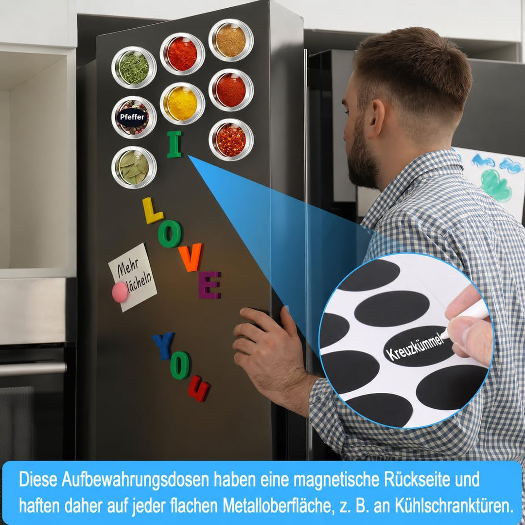 LYCN 36er Set Magnetische Gewürzdosen aus Edelstahl, 90ml Gewürzbehälter mit Sichtfenster, Platzspar