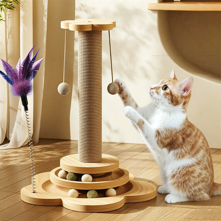 4 in 1 Katzenspielzeug hölzernes, Katze Sisal Seil Kratzbaum mit hängenden Ball, Interaktives Katzen