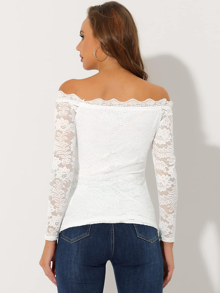 Allegra K Damen Off Shoulder Spitzenbluse Langarm Schulterfrei Oberteil Blumen Transparent Carmenblu