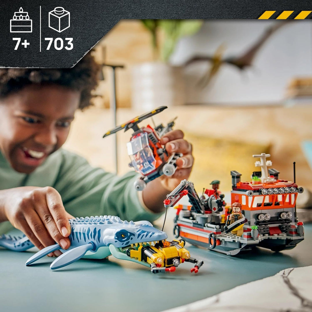 LEGO Jurassic World Mosasaurier-Angriff auf das Boot - Bauspielzeug - Spielset für Rollenspiele mit