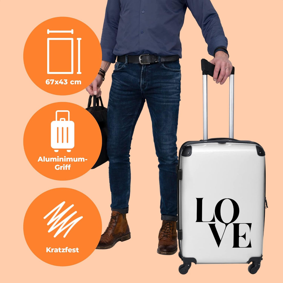 Koffer gross Trolley Rollkoffer Reisekoffer mit 4 Rollen Fotokoffer - Liebe - Text - Schwarz - Weiss