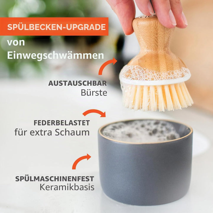 Full Circle „Bubble Up“-Spülbürste, aus Bambus, Bambus keramik, grau/weiss, Dish Brush + Dispenser 1