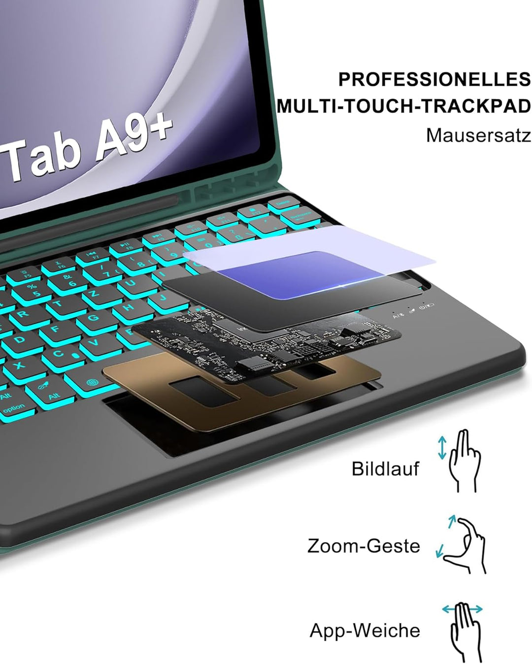 Hülle mit Tastatur für Samsung Galaxy Tab A9+ 11" (2023, SM-X210/X215/X216), Deutsch QWERTZ mit 7-Fa