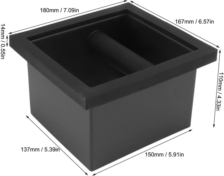 Kaffeesatz-Ausklopfbox, quadratisch, bodenlos, schwarze Gummi-PTFE-Stahlbox mit Kaffee-Tamping-Stati