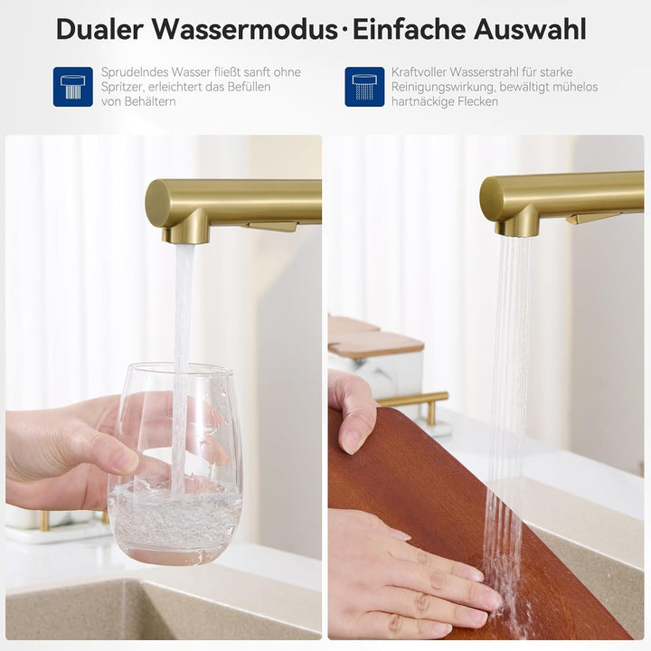CECIPA Wasserhahn Küche Gold, Ausziehbare Küchenarmatur, Armatur Küche mit Sprühkopf und zwei Sprühm