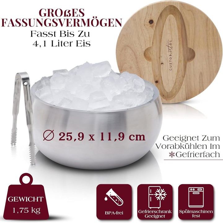 Gusto Nostro 4,1 l Eiswürfelbehälter mit Deckel und Zange, Doppelwandiger Grosser Edelstahl Eisbehäl