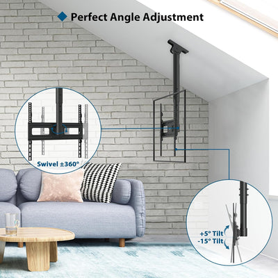 BONTEC TV-Deckenhalterung, neigbar und schwenkbar, 6-fache Höhenverstellung für 26-65 Zoll TV Decke,