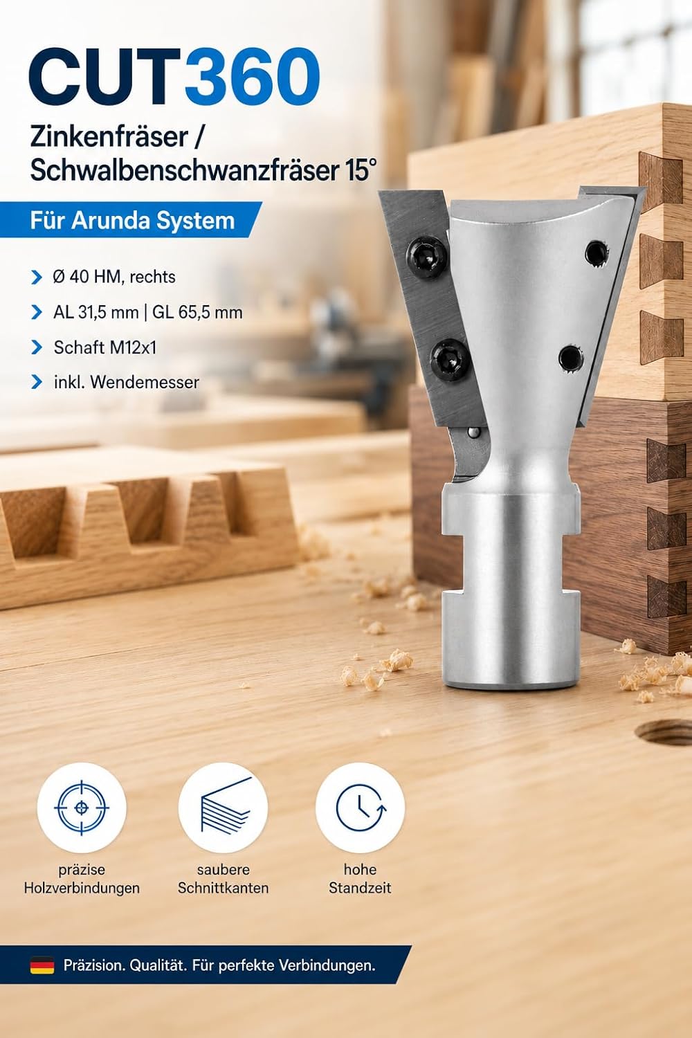 Zinkenfräser 15° mit Wendemesser für Arunda System - 15° Schneide 2, Hartmetall Ø 40 - Rechts - 31,5