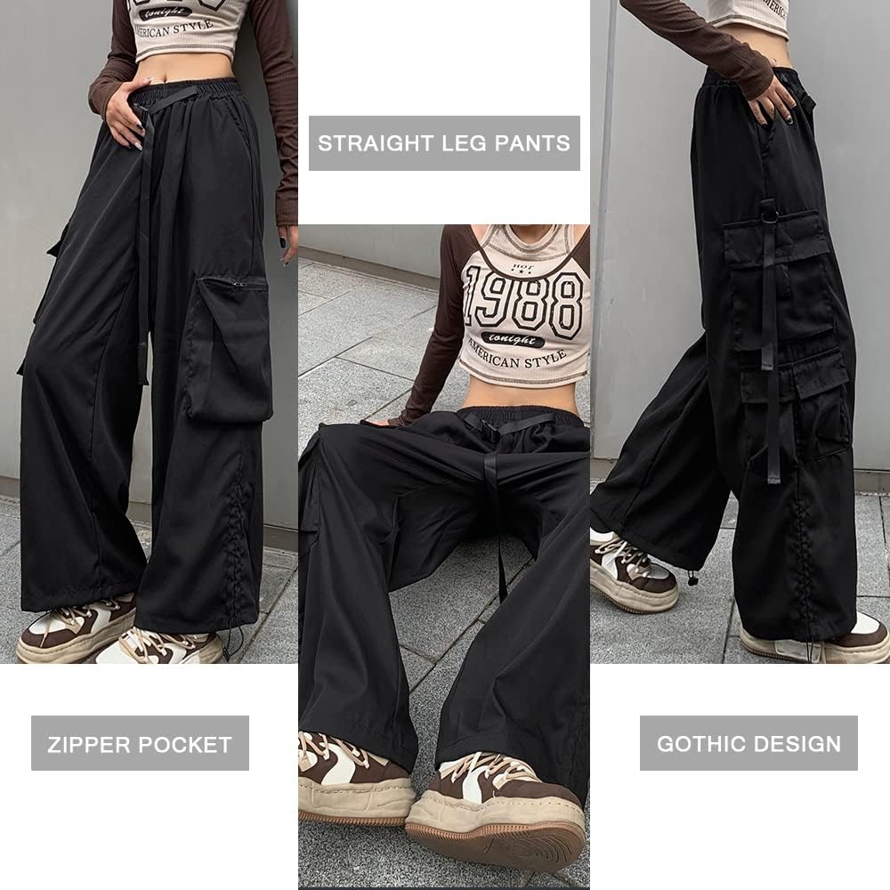 Hewlshawn Damen Cargohose Baggy High Waist Gotisch Y2k Straight Streetwear Elastische Taille mit Kor