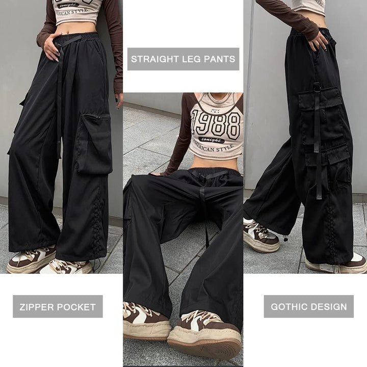Hewlshawn Damen Cargohose Baggy High Waist Gotisch Y2k Straight Streetwear Elastische Taille mit Kor