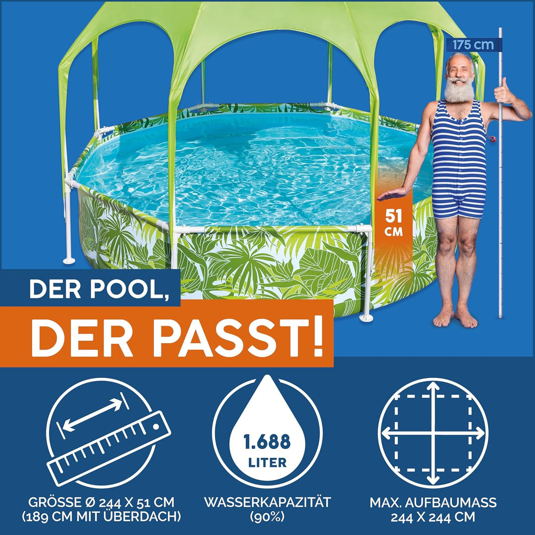 Bestway Steel Pro Frame Pool mit Sonnenschutzdach "Splash-in-Shade" ohne Pumpe Ø 244 x 51 cm, buntes