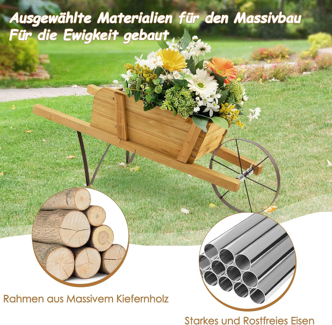 RELAX4LIFE Pflanzschubkarre, Blumenkarre aus Kiefernholz zum Bepflanzen, Gartendeko mit Griff, Rad &