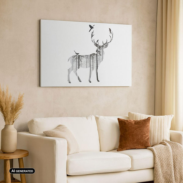 Bilder auf Leinwand 100x70cm Leinwandbild Hirsch Herbst Wald Illustration Gross Wanddeko Bild Schlaf