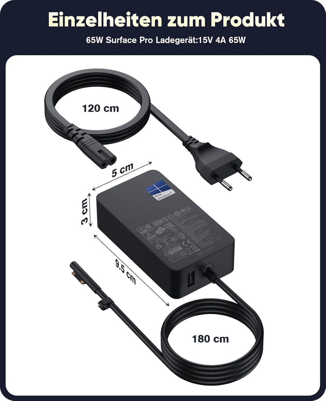 Surface Pro Ladegerät, 65W Microsoft Surface Netzteil Ladekabel für Surface Pro 9/Pro 8/Pro 7/Pro 6/