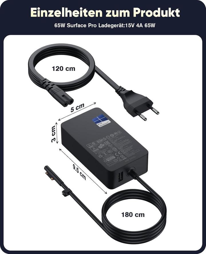 Surface Pro Ladegerät, 65W Microsoft Surface Netzteil Ladekabel für Surface Pro 9/Pro 8/Pro 7/Pro 6/