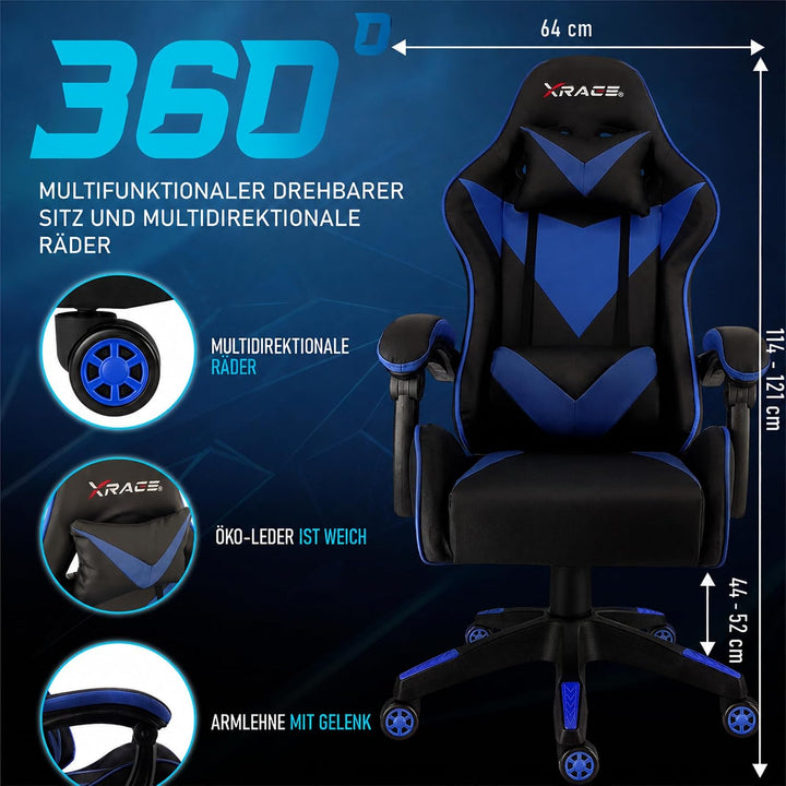 xRace Gaming Stuhl, ergonomischer Bürostuhl, PU-Leder, Lendenstütze Blau | Ergonomischer PC Stuhl mi