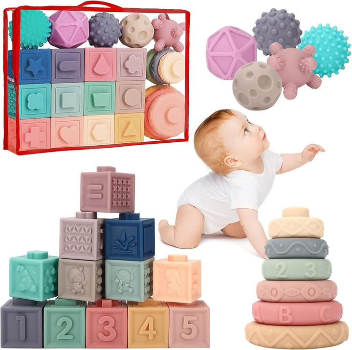 Weich Baby Bausteine, Motorikspielzeug Stapelwürfel Bauklötze, Stapelturm&amp; Beissringe für Stapelspie