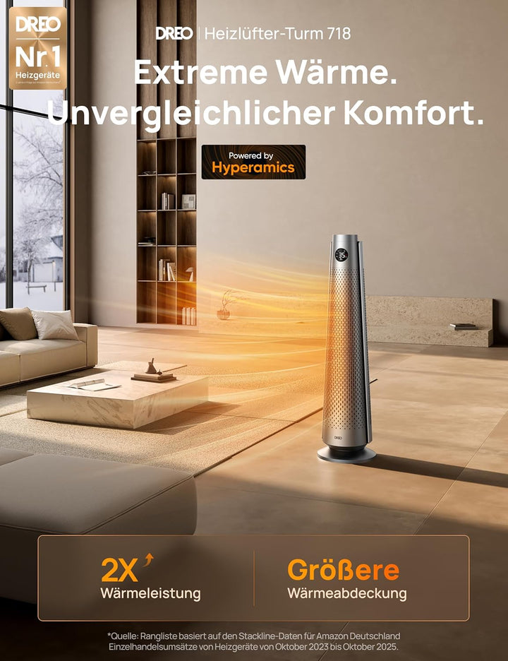 Dreo Heizlüfter Energiesparend, 2000W Elektrische Heizung mit Fernbedienung, 25 dB Leise, 120° Oszil