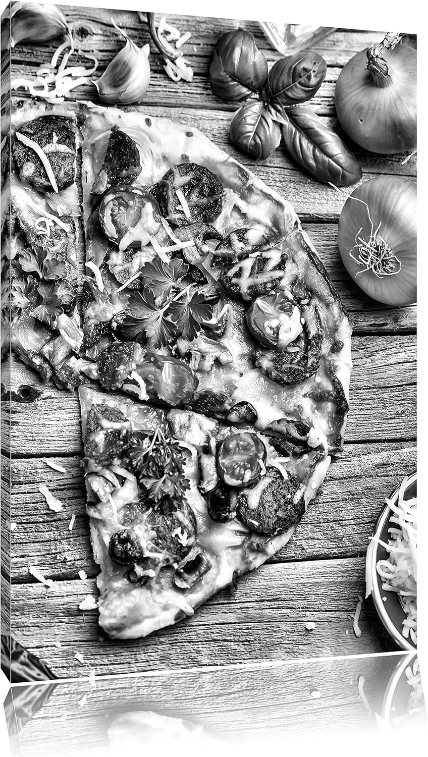 Pixxprint Monocrome, Leckere Pizza Italia auf Holztisch, Format: 100x70 auf Leinwand, XXL riesige Bi