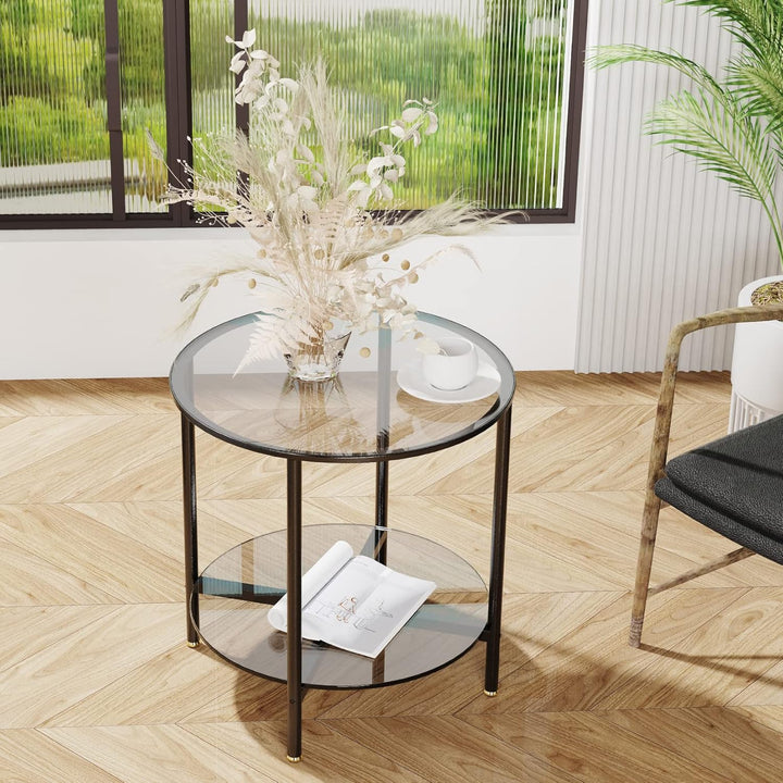 Artloge Couchtisch Rund Glas Beistelltisch: 2-Ablagen Sofatisch - Stabil Wohnzimmertisch - Gross Tis