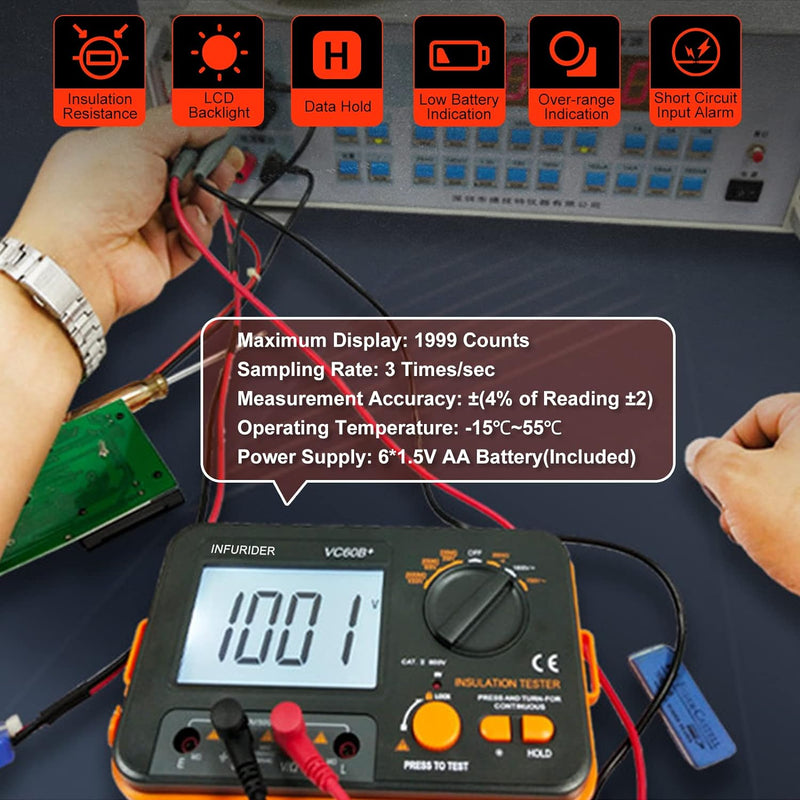 Digitaler Isolationswiderstandstester, Megohmmeter Ohmmeter YF-VC60B+, Spannungsprüfer 250/500/1000