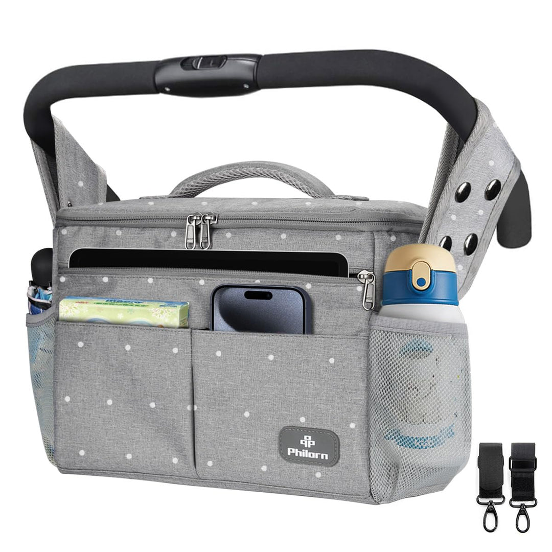 PHILORN Kinderwagen Organizer mit Isolierte Getränkehalter, Schultergurt Grosse Kapazität, Universal