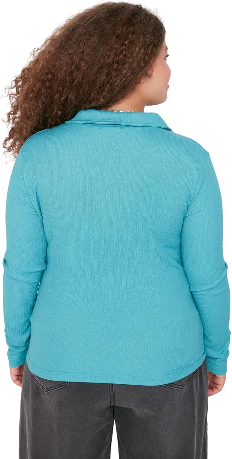 TRENDYOL Frau Grosse Grössen Relaxed Fit Basic Polokragen Gestrickt Plus-Size-Bluse XXL Blaugrün, XX