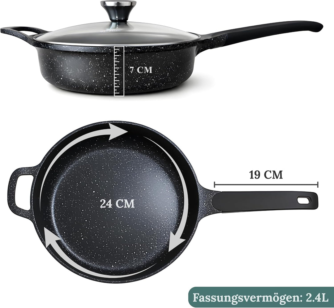 Goldmann Sauteuse 24 CM mit Deckel – Tiefe Bratpfanne aus Guss-Aluminium mit Marmor-Keramik Antihaft