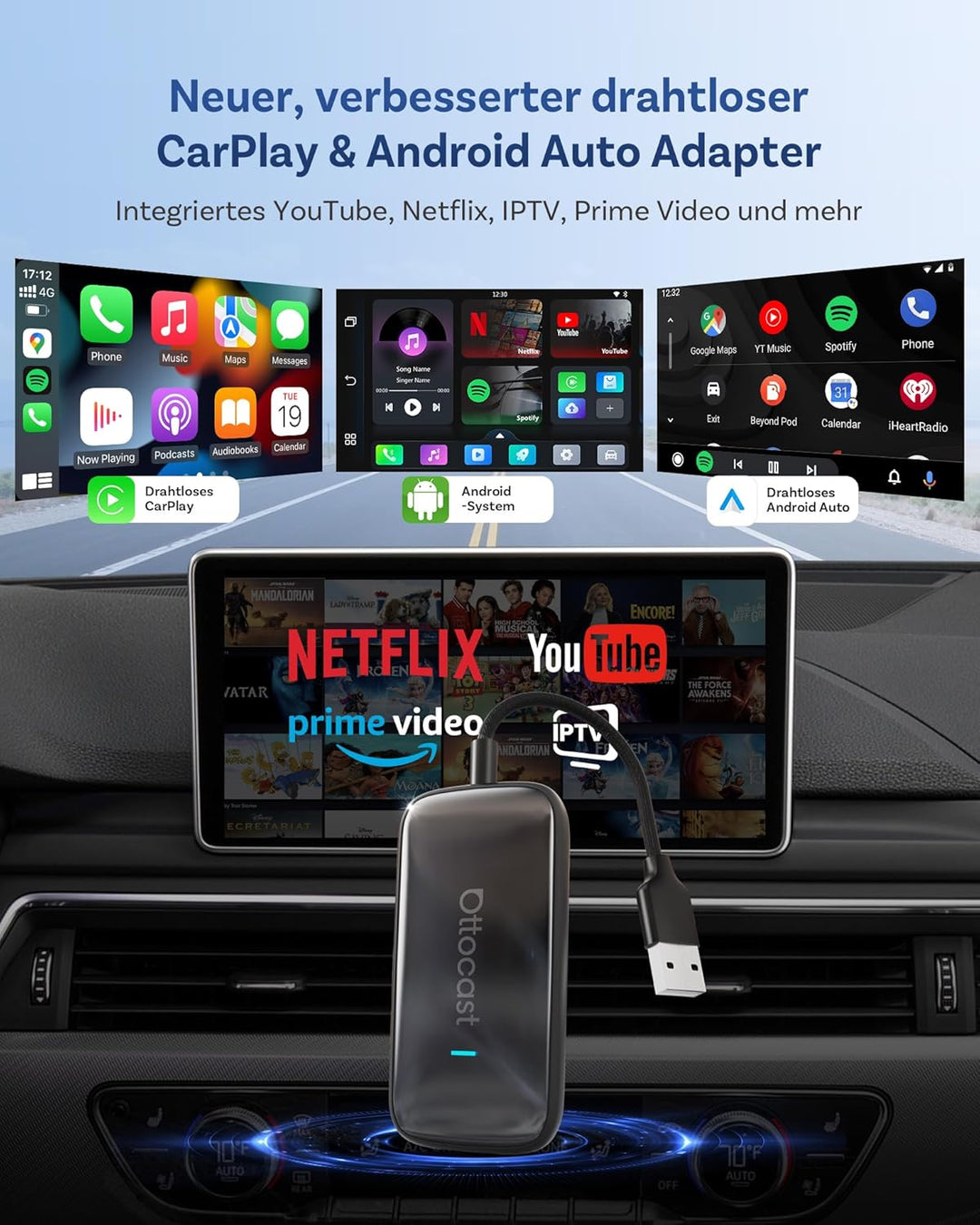 2026 Neu OTTOCAST Play2video Ultra, Kabelloser CarPlay & Android Auto Adapter mit YouTube Netflix, P