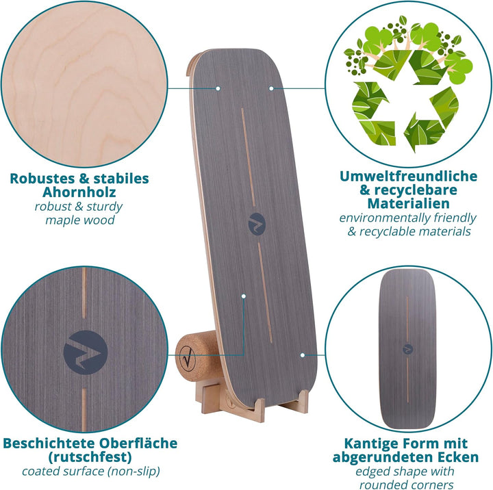 Balance Board aus Holz in – mit abgerundeten Ecken – inkl. Rolle für Neuromuscular Response Training