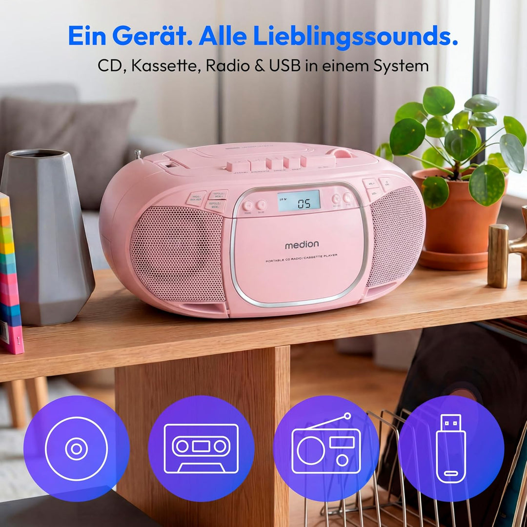 MEDION E66476 Stereo Sound System (Boombox, CD-Player, MP3, Kassette, tragbarer Kassettenspieler für