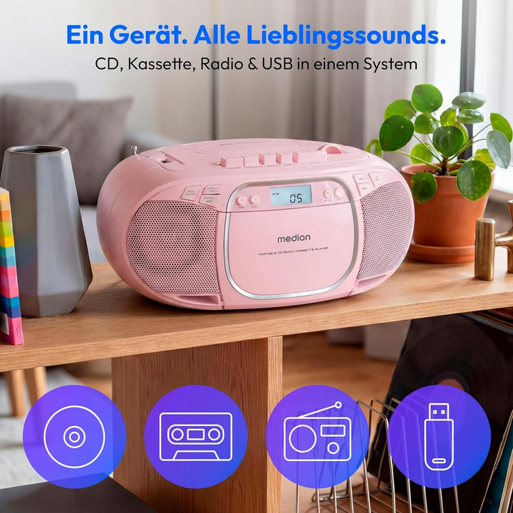 MEDION E66476 Stereo Sound System (Boombox, CD-Player, MP3, Kassette, tragbarer Kassettenspieler für