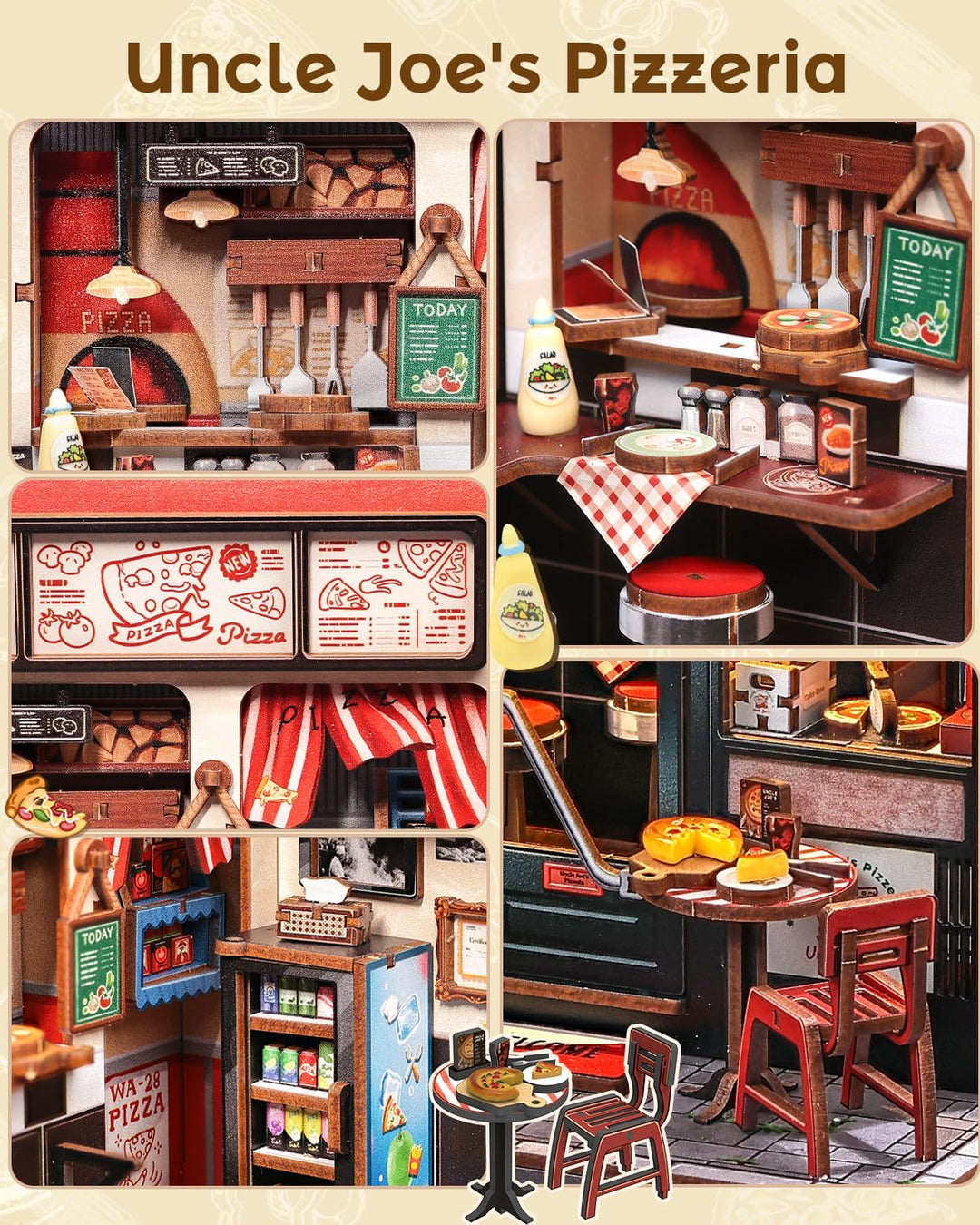 CUTEBEE Book Nook Kit - DIY Miniaturhaus Bausatz (Pizzeria-Szene) mit LED-Beleuchtung, Retro Bücherr