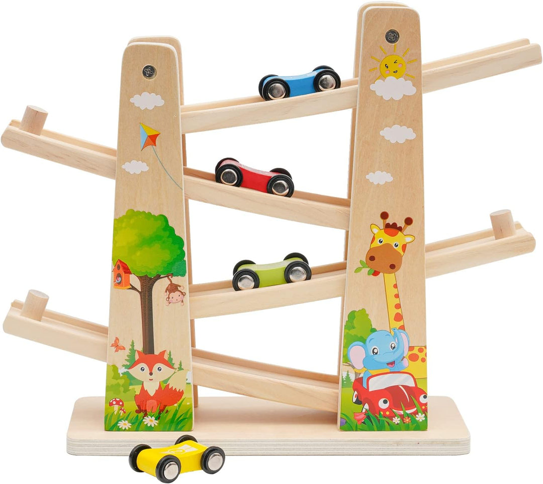 Kugelbahn Holz,Premium Holzspielzeug mit 4 Autos,Autorennbahn Holz Spielzeug für Jungen Geschenke Ge