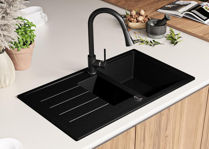 Granitspüle Schwarz 90 x 50 cm, Spülbecken + Küchenarmatur + Ablauf-Set, Küchenspüle ab 60er Untersc