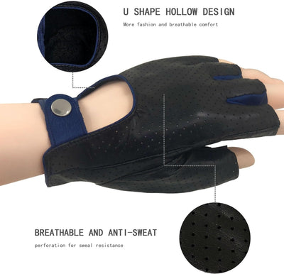 ZLUXURQ Herren-Lederhandschuhe Vollmaschige Fingerlose Halbfinger-Fahrhandschuhe Small-8.5" Schwarz